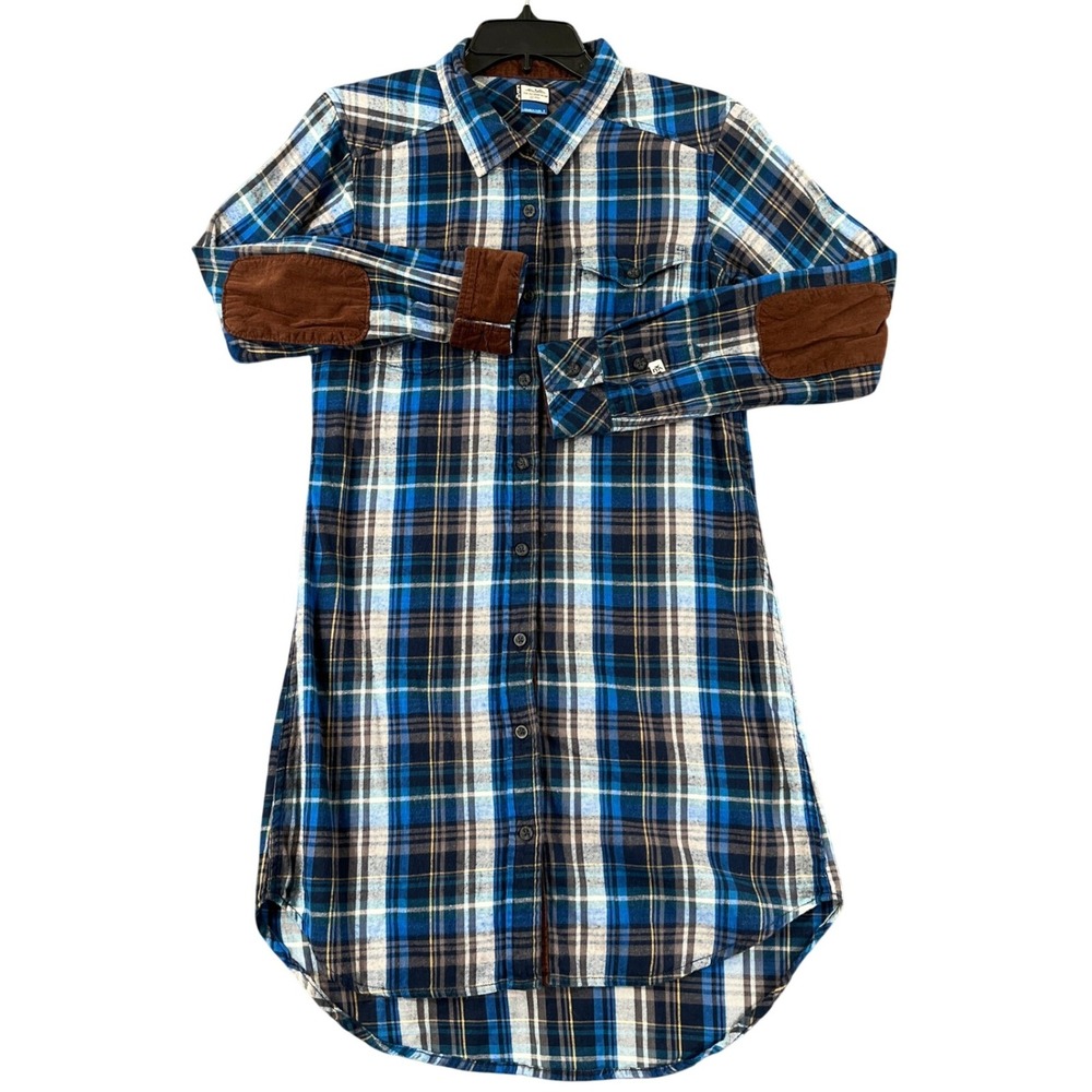 Kavu Flannel Shirt Dress Women S Plaid Corduroy Elbow Patch Outdoor Granola Girl